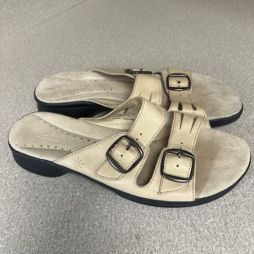 Clarks Springers Slides‎ Womens Size 8 M Tan Leather Adjustable Buckles Sandals